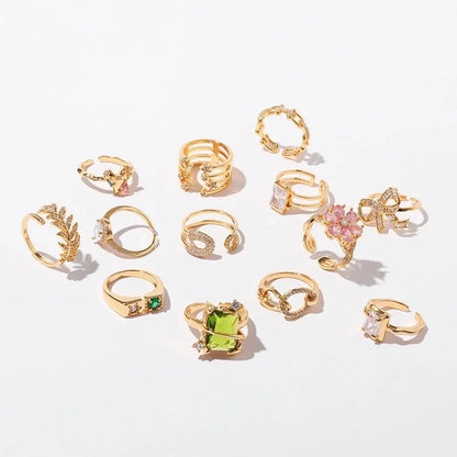 Copper 18K Gold Plated Inlay Semicircle Round Petal Zircon Open Rings