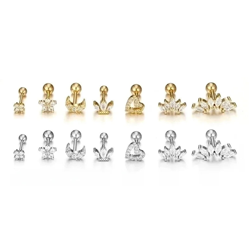 1 Piece Minimalist Moon Heart Shape Flower Plating Inlay 316L Stainless Steel Zircon Stainless Steel Earrings