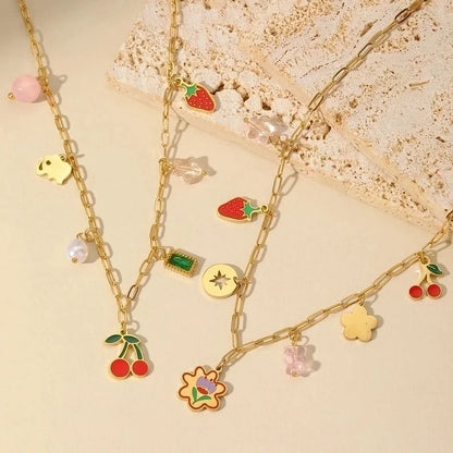 French Style Cherry Strawberry 304 Stainless Steel Imitation Pearl Imitating Stone 18K Gold Plated Enamel Plating Inlay Multi Charms Necklace
