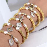 Elegant Vintage Style Star Moon Heart Shape 18K Gold Plated Zircon Artificial Pearl Copper Bracelets