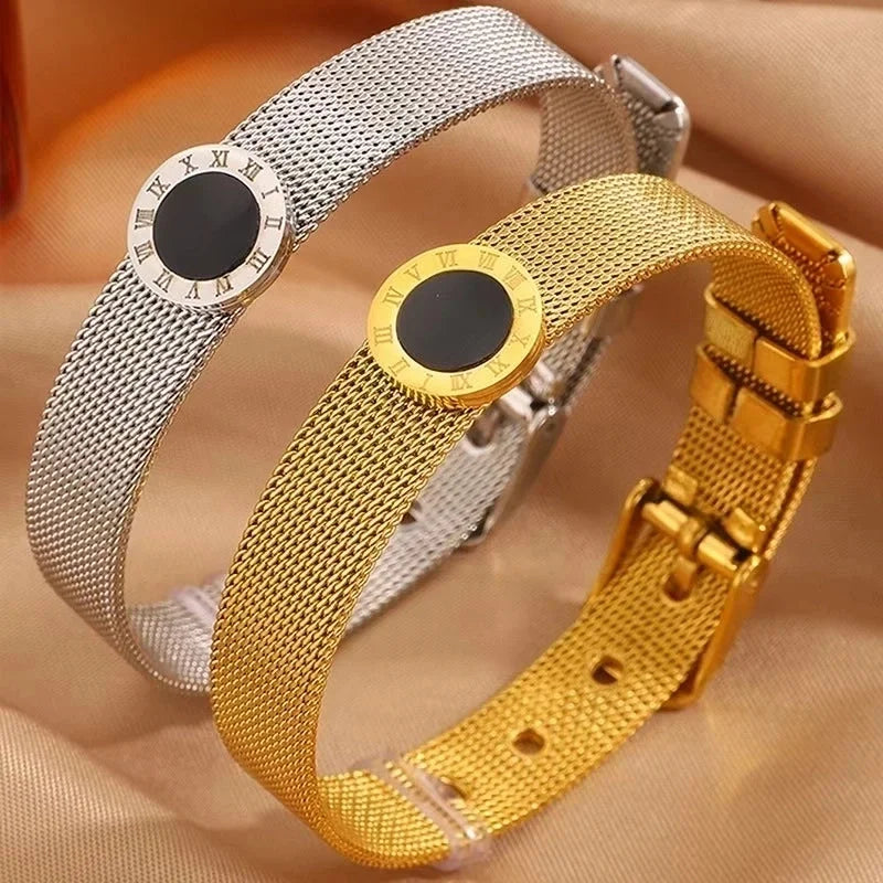 Vintage Style Classic Style Roman Style Roman Numeral Titanium Steel 18K Gold Plated Bangle In Bulk Stainless Steel Bracelets
