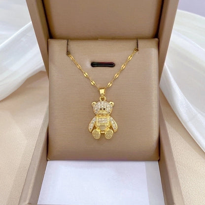 2 Pieces Minimalist Bear Titanium Steel Copper Plating Inlay Zircon Pendant Necklace