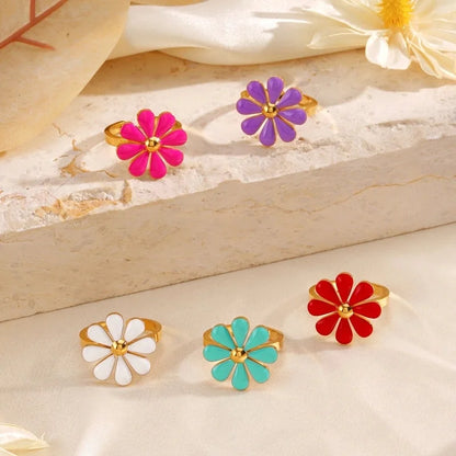 Minimalist Classic Style Flower 304 Stainless Steel Resin 18K Gold Plated Enamel Rings Earrings