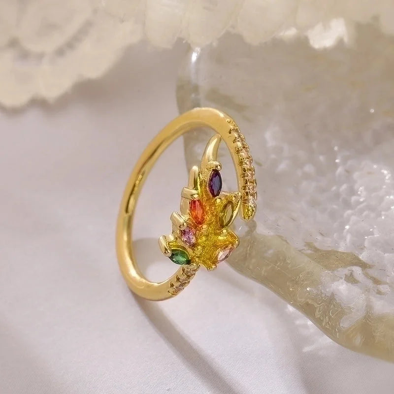 Minimalist Leaves Copper Plating Inlay Zircon 18k Gold Plated Open Rings