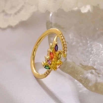 Minimalist Leaves Copper Plating Inlay Zircon 18k Gold Plated Open Rings