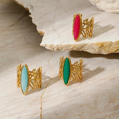 Elegant Glam Luxurious Geometric 304 Stainless Steel Natural Stone 18K Gold Plated Inlay Open Rings