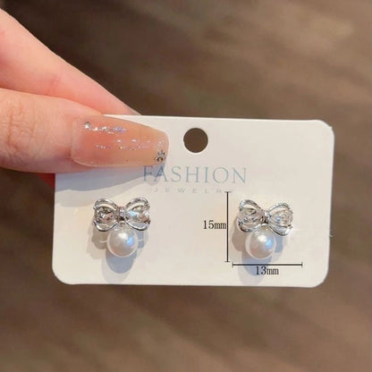 10 Pieces Minimalist Heart Shape Flower Bow Knot Imitation Pearl Alloy Rhinestone Irregular Women\'S Earrings 1 Pair