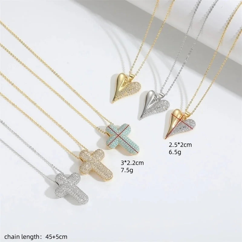 Copper Cable Chain 14K Gold Plated Cross Heart Shape Zircon Necklace