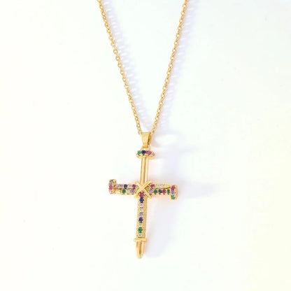 Hip-Hop Retro Cross 304 Stainless Steel Copper Plating Inlay K Gold Plated Zircon Pendant Necklace