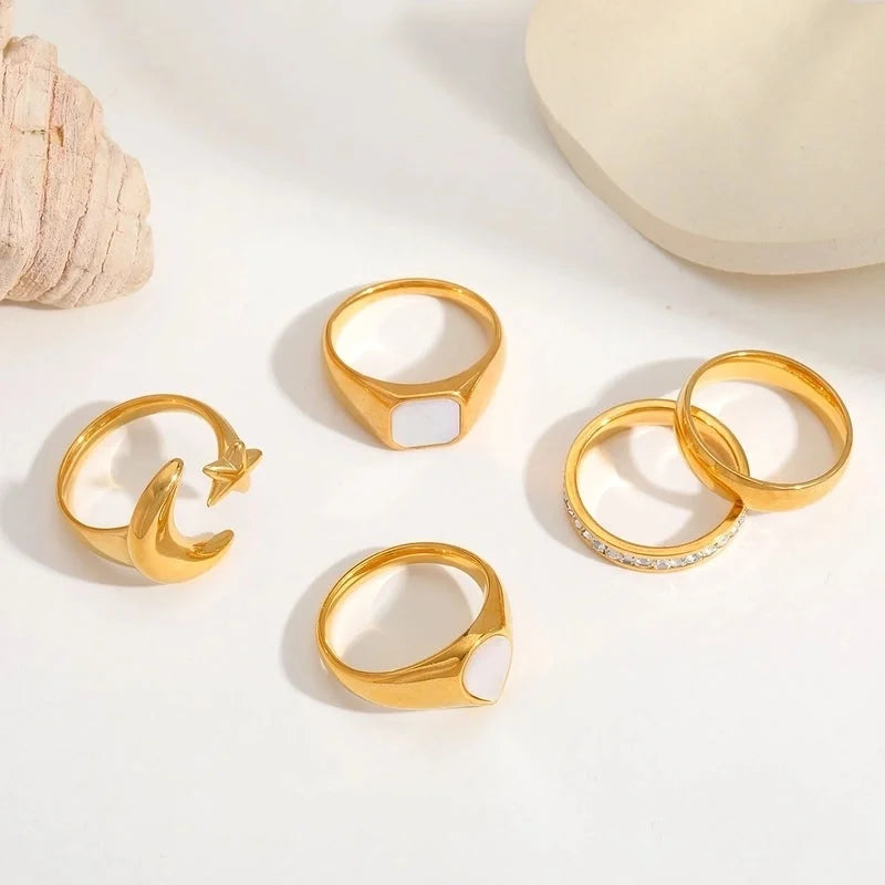 Elegant Minimalist Moon Water Droplets Rectangle 304 Stainless Steel Acrylic Zircon 18K Gold Plated Inlay Open Rings