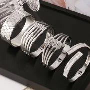 Casual Minimalist Hexagon Round Titanium Steel 18K Gold Plated Rhinestones Bangle In Bulk