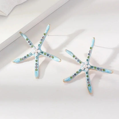 1 Pair Retro Beach Minimalist Starfish Shell Inlay Alloy Rhinestones Pearl Gold Plated Ear Studs