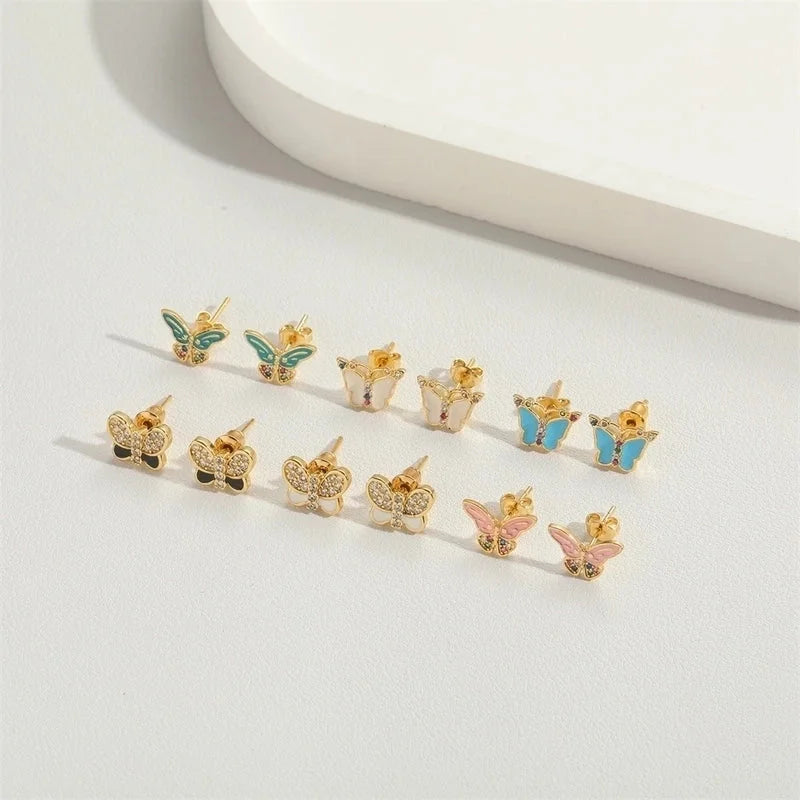 1 Pair Vintage Style Minimalist Commute Butterfly Enamel Inlay Copper Zircon 14K Gold Plated Ear Studs