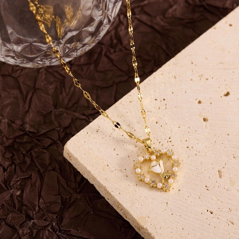 Titanium Steel Copper Leaf Heart Shape Pendant Necklace