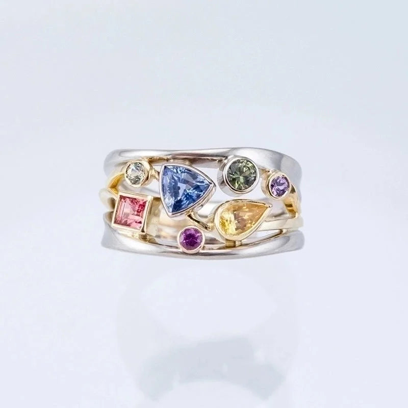 Multicolor Geometric Pattern Ladies Set With Zircon Wave Line Copper Ring