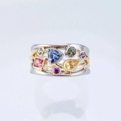 Multicolor Geometric Pattern Ladies Set With Zircon Wave Line Copper Ring