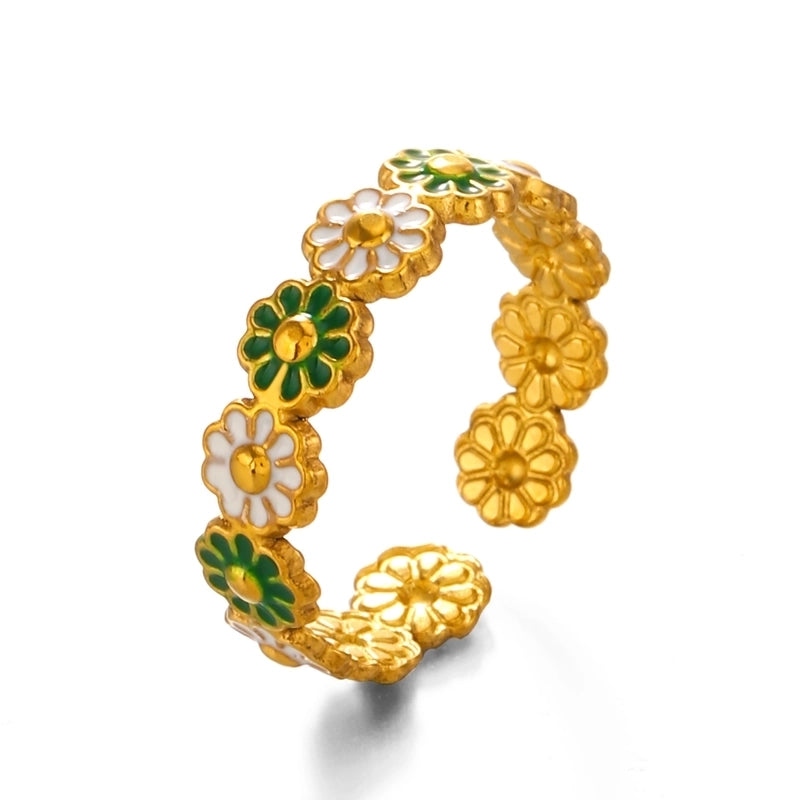 304 Stainless Steel 18K Gold Plated Minimalist Enamel Flower Open Rings