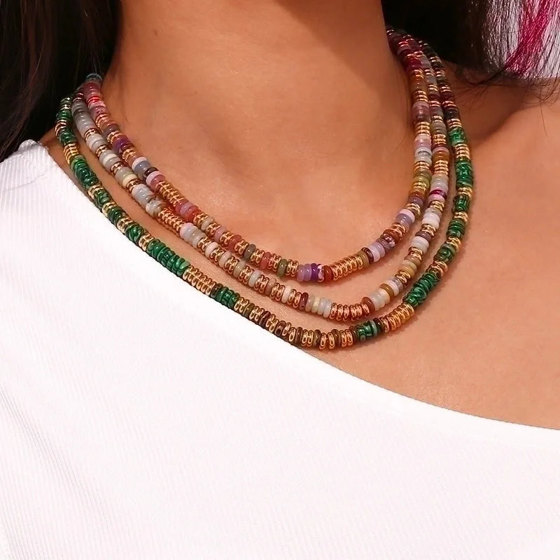 Retro Ethnic Style Geometric Stainless Steel Natural Stone 18K Gold Plated Necklace In Bulk