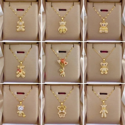 2 Pieces Minimalist Bear Titanium Steel Copper Plating Inlay Zircon Pendant Necklace
