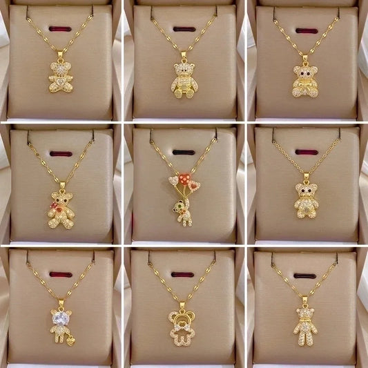 2 Pieces Minimalist Bear Titanium Steel Copper Plating Inlay Zircon Pendant Necklace