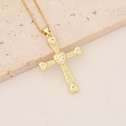 Commute Cross Copper Inlay 18K Gold Plated Zircon Pendant Necklace