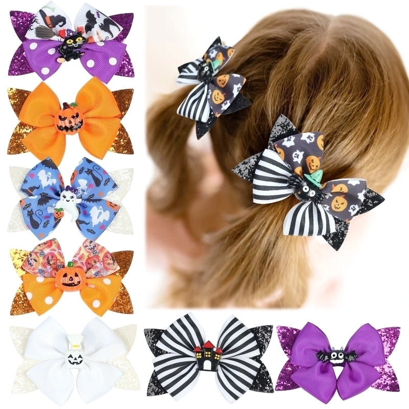 Funny Kid'S Halloween Pattern Pumpkin Bat Ribbon Sequins Bowknot Hair Clip
