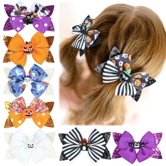 Funny Kid'S Halloween Pattern Pumpkin Bat Ribbon Sequins Bowknot Hair Clip