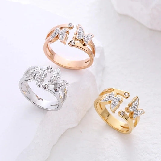 Casual Sweet Butterfly Stainless Steel Plating Inlay Zircon 24k Gold Plated Open Ring