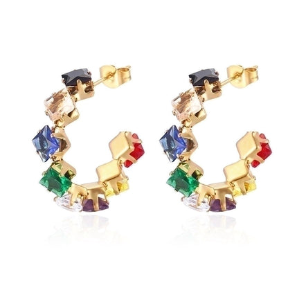 1 Pair Minimalist Commute Color Block Inlay 201 Stainless Steel Zircon 18K Gold Plated Earrings