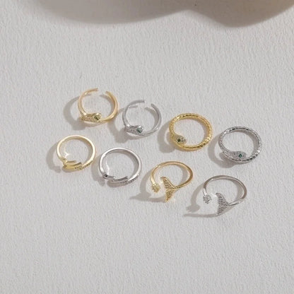 Elegant Snake Lightning Fish Tail Copper Plating Inlay Zircon 14k Gold Plated Open Ring