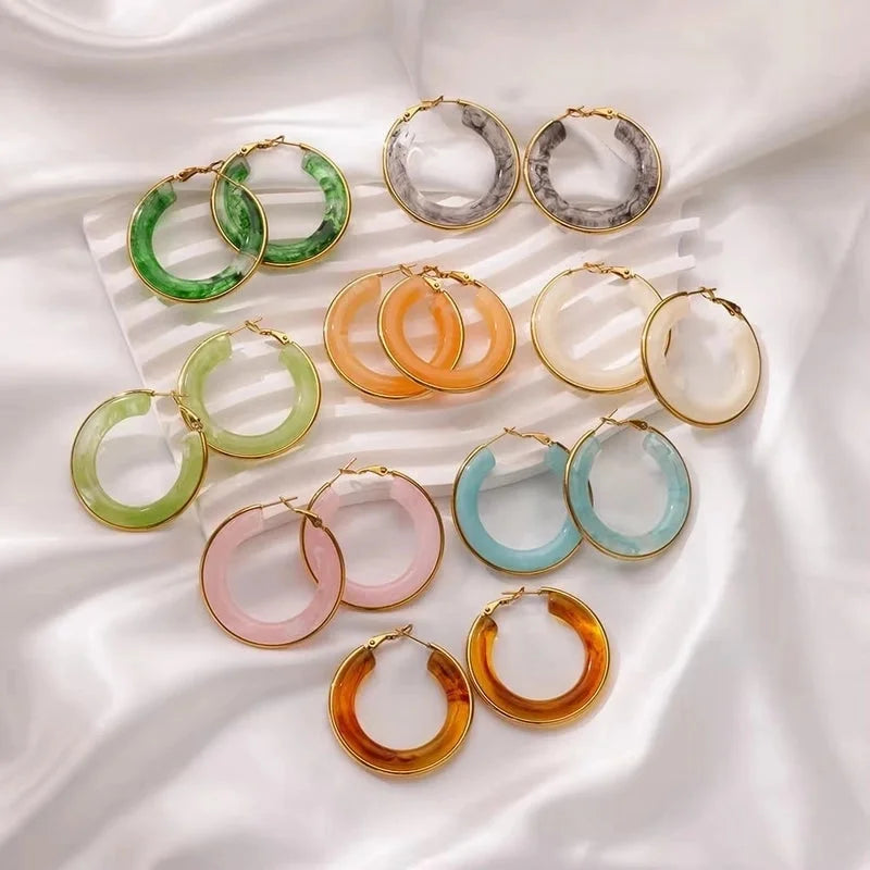 1 Piece IG Style Round Inlay 304 Stainless Steel Acrylic 18K Gold Plated Earrings