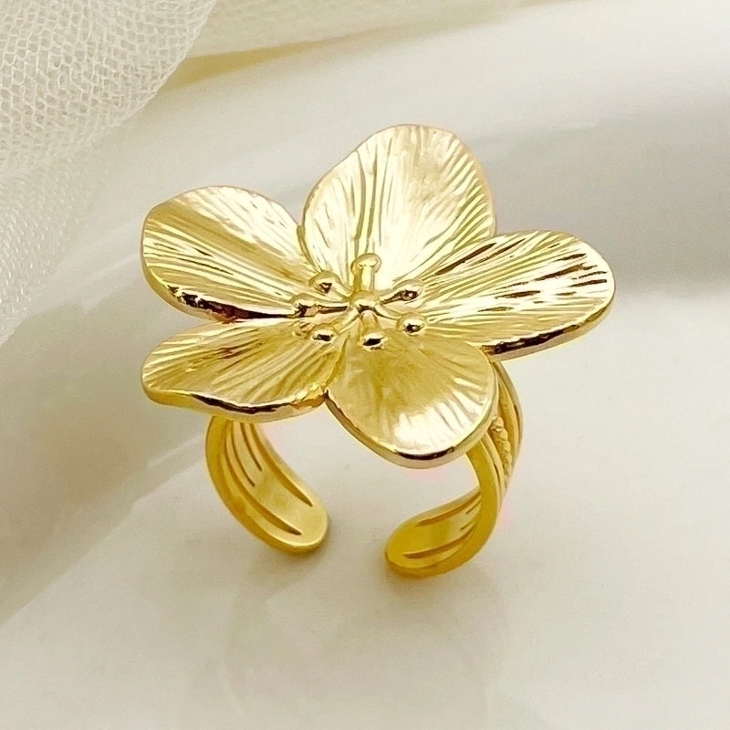 Vintage Style Flower 304 Stainless Steel 14K Gold Plated Plating Open Ring