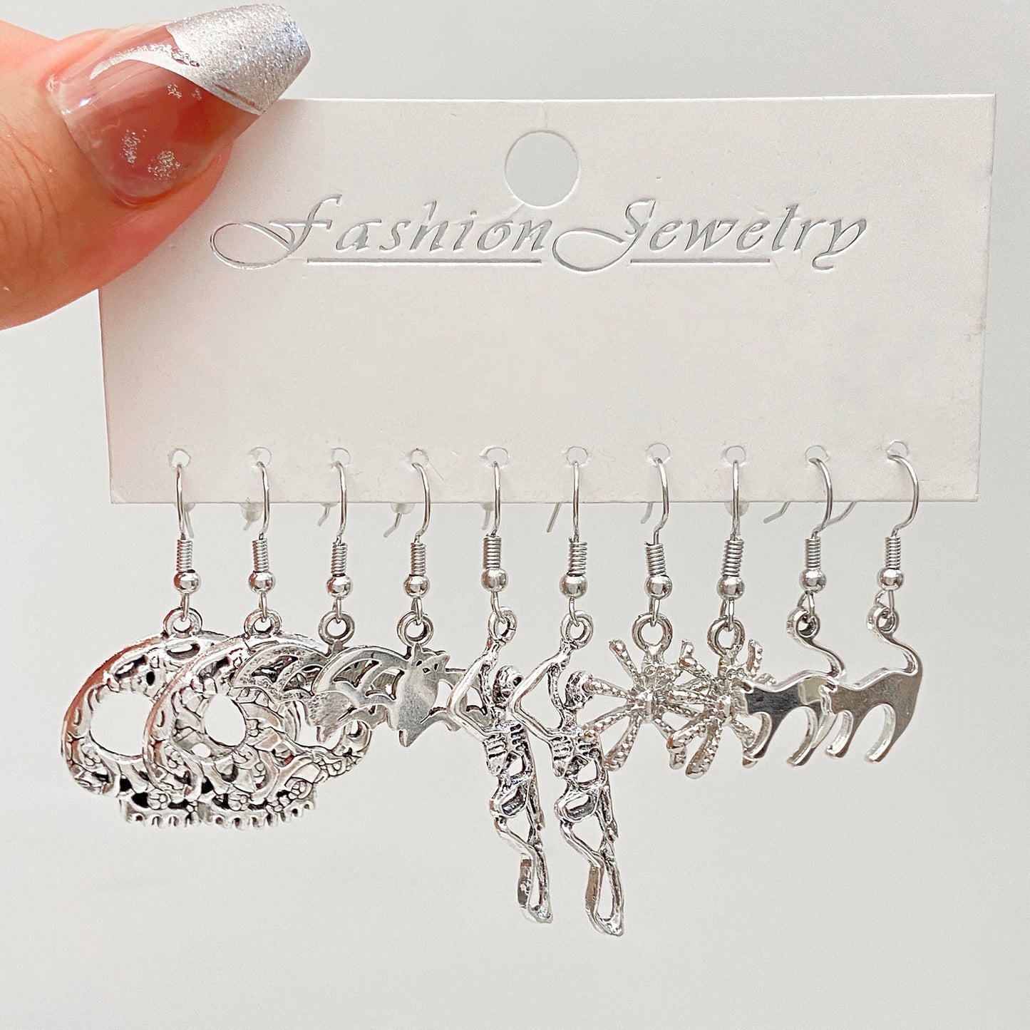 1 Set Gothic Vintage Style Funny Pumpkin Spider Skull Alloy Silver Plated Drop Earrings
