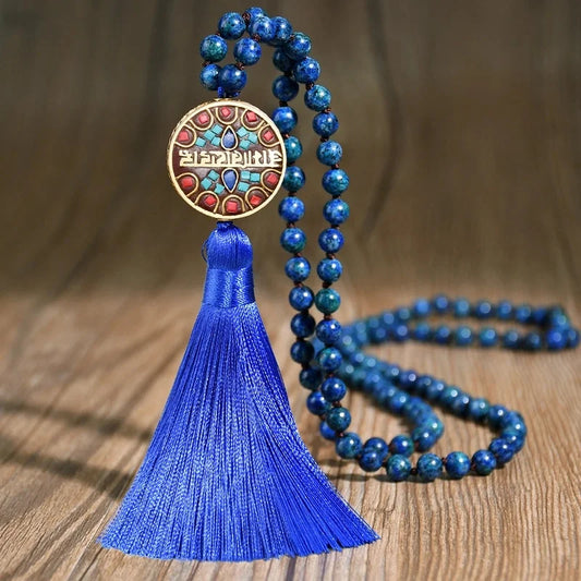 Ethnic Style Vintage Natural Stone Beaded Sweater Chain Knotted Long Tassel Long Necklace Sold Jewelry