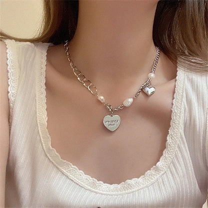 Fashion Heart Shape Stainless Steel Alloy Artificial Pearls Zircon Inlay Pendant Necklace