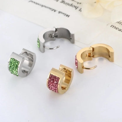 1 Pair Shiny Round Solid Color Inlay Stainless Steel Rhinestones 18K Gold Plated Earrings