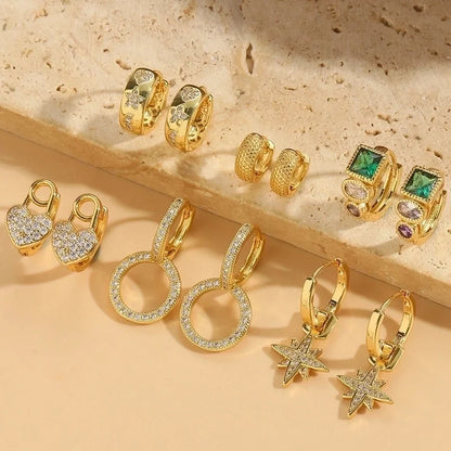 1 Pair Elegant Minimalist Heart Shape Inlay Copper Zircon 14K Gold Plated Earrings