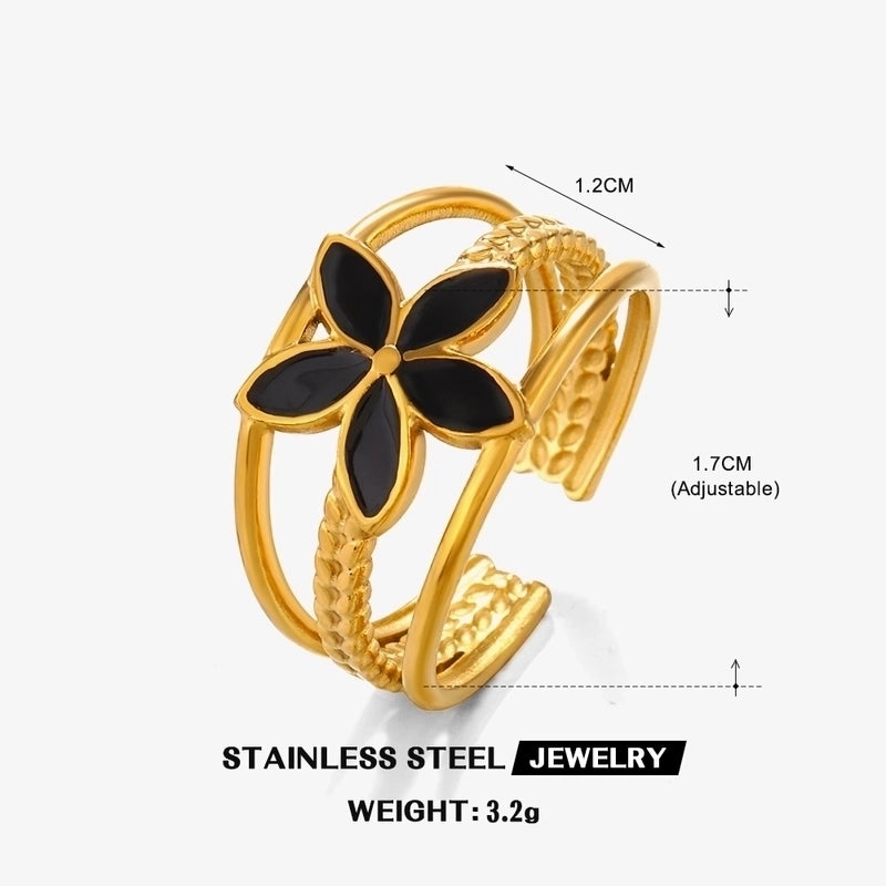 304 Stainless Steel 18K Gold Plated Minimalist Enamel Flower Open Rings