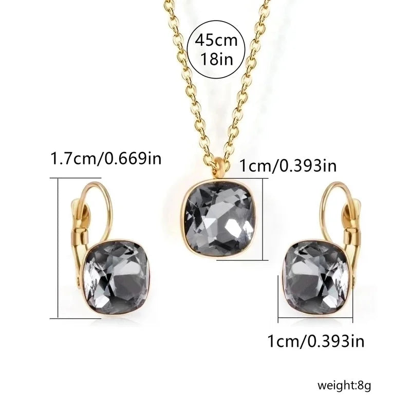 304 Stainless Steel Gold Plated Minimalist Shiny Inlay Square Zircon Jewelry Set