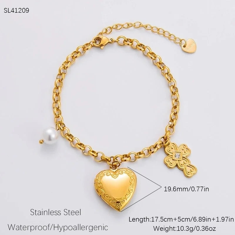 IG Style Sweet Heart Shape Flower Butterfly 304 Stainless Steel 18K Gold Plated Pearl Bracelets Necklace