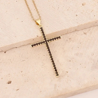 Stainless Steel Copper 18K Gold Plated Fashion Inlay Cross Zircon Pendant Necklace