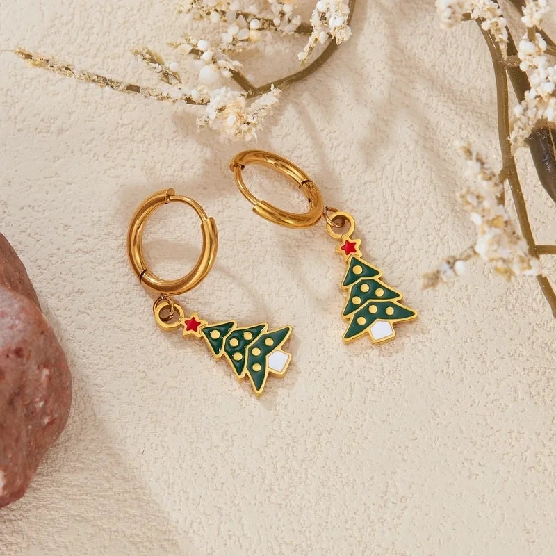 1 Pair Christmas IG Style Cute Christmas House Christmas Tree Bell Enamel Plating 304 Stainless Steel 18K Gold Plated Drop Earrings
