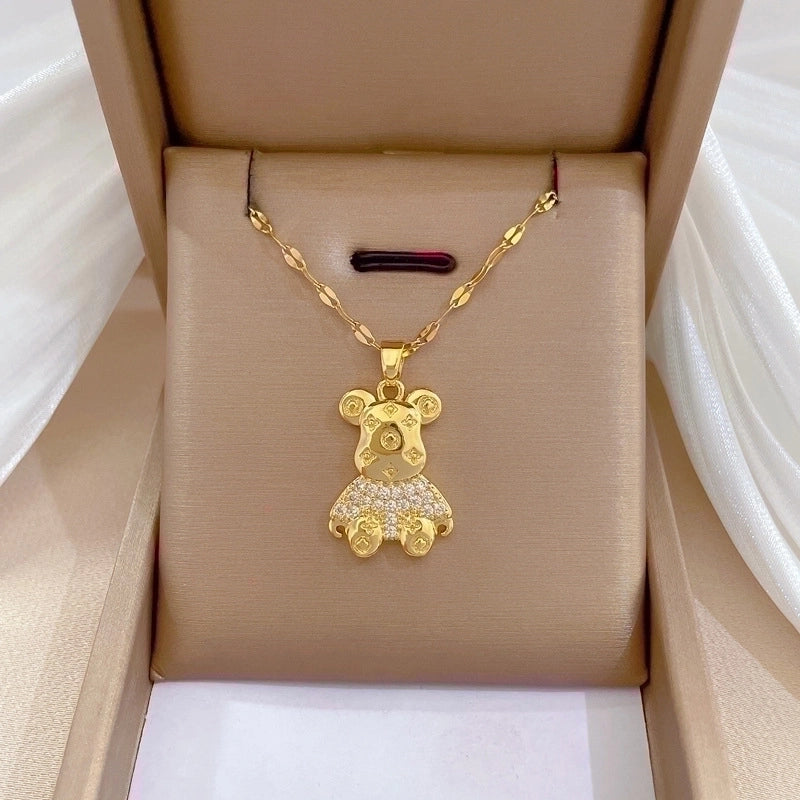 2 Pieces Minimalist Bear Titanium Steel Copper Plating Inlay Zircon Pendant Necklace