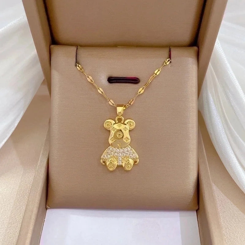 2 Pieces Minimalist Bear Titanium Steel Copper Plating Inlay Zircon Pendant Necklace