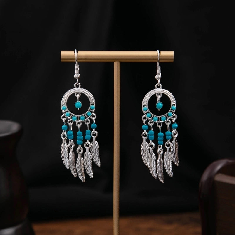 Bohemian Blue Turquoise National Style Earrings Imitation Miao Silver Metal Earrings Vintage Tassel Earrings