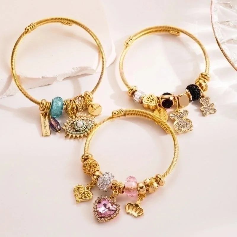 304 Stainless Steel Alloy Gold Plated Cute Romantic Sweet Beaded Plating Inlay Devil\'S Eye Bear Artificial Crystal Bangle