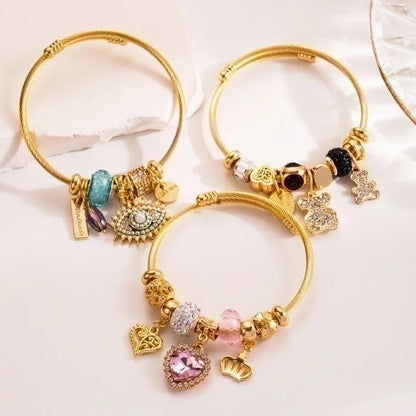 304 Stainless Steel Alloy Gold Plated Cute Romantic Sweet Beaded Plating Inlay Devil\'S Eye Bear Artificial Crystal Bangle