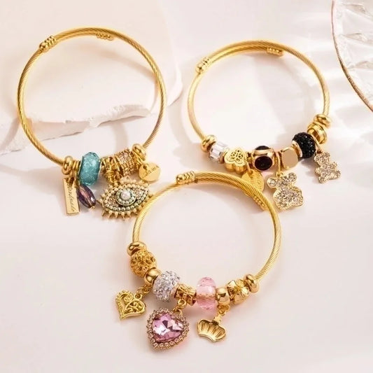 304 Stainless Steel Alloy Gold Plated Cute Romantic Sweet Beaded Plating Inlay Devil\'S Eye Bear Artificial Crystal Bangle