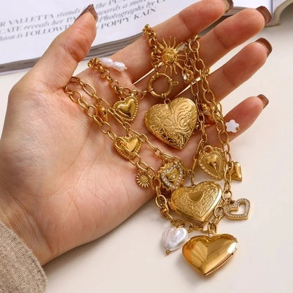 Minimalist Classic Style Sun Heart Shape Butterfly 304 Stainless Steel Zircon 18K Gold Plated Pearl Inlay Multi Charms Necklace