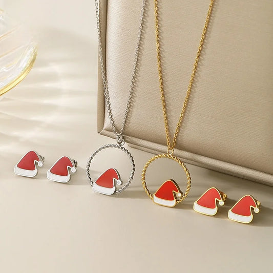 Fashionable And Unique Oil Drop Christmas Hat Bell Wreath Stainless Steel Earrings Necklace Accessories Christmas Hat Set Jewelry
